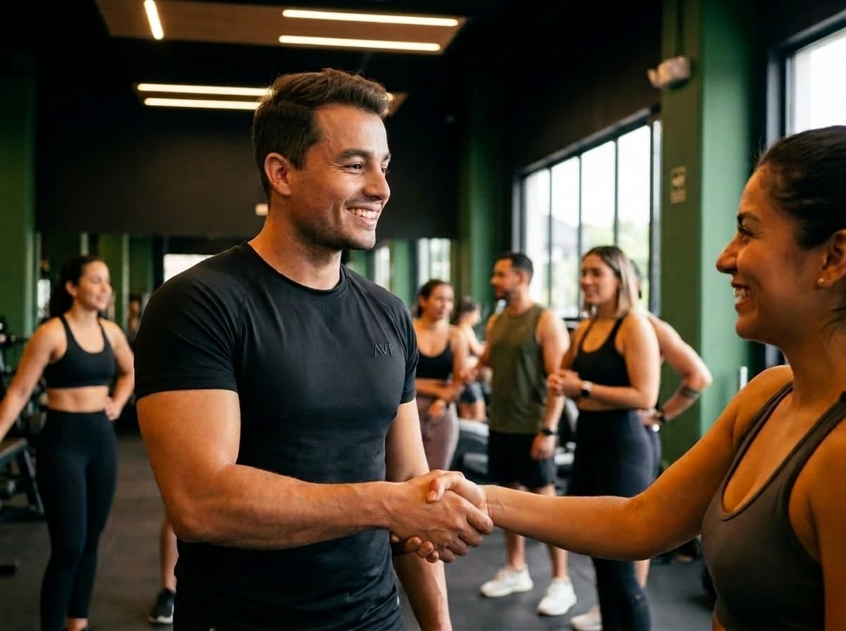 Andrés Martínez, creador y coach de AVI, saludando a una clienta en el gimnasio